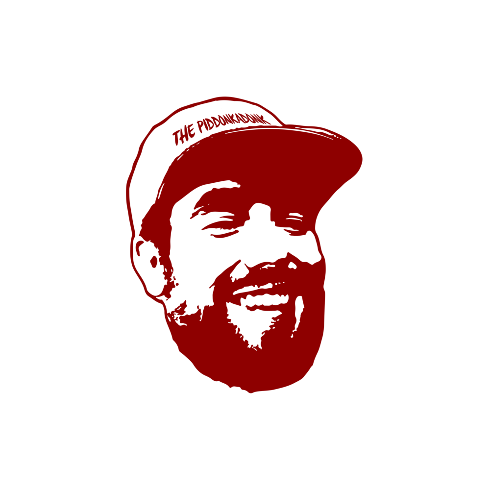 Illustrated portrait of Jake grinning in a ball cap, cut in scarlet